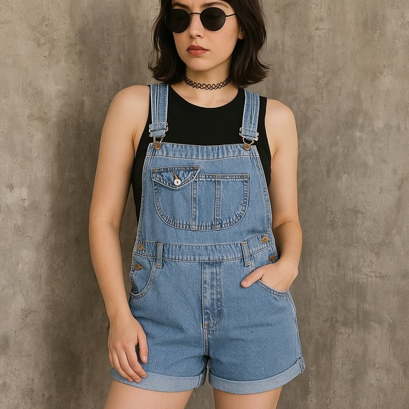 Vintage 90s Contemporary Casuals Denim Overall Shorts Bib Pocket Cuffed M - Picture 1 of 8